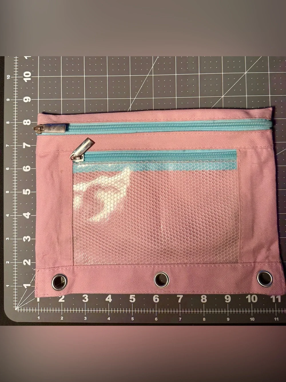 Pink & Teal Canvas Zip Pouch * Mesh Plastic Pocket * Dual Zipper